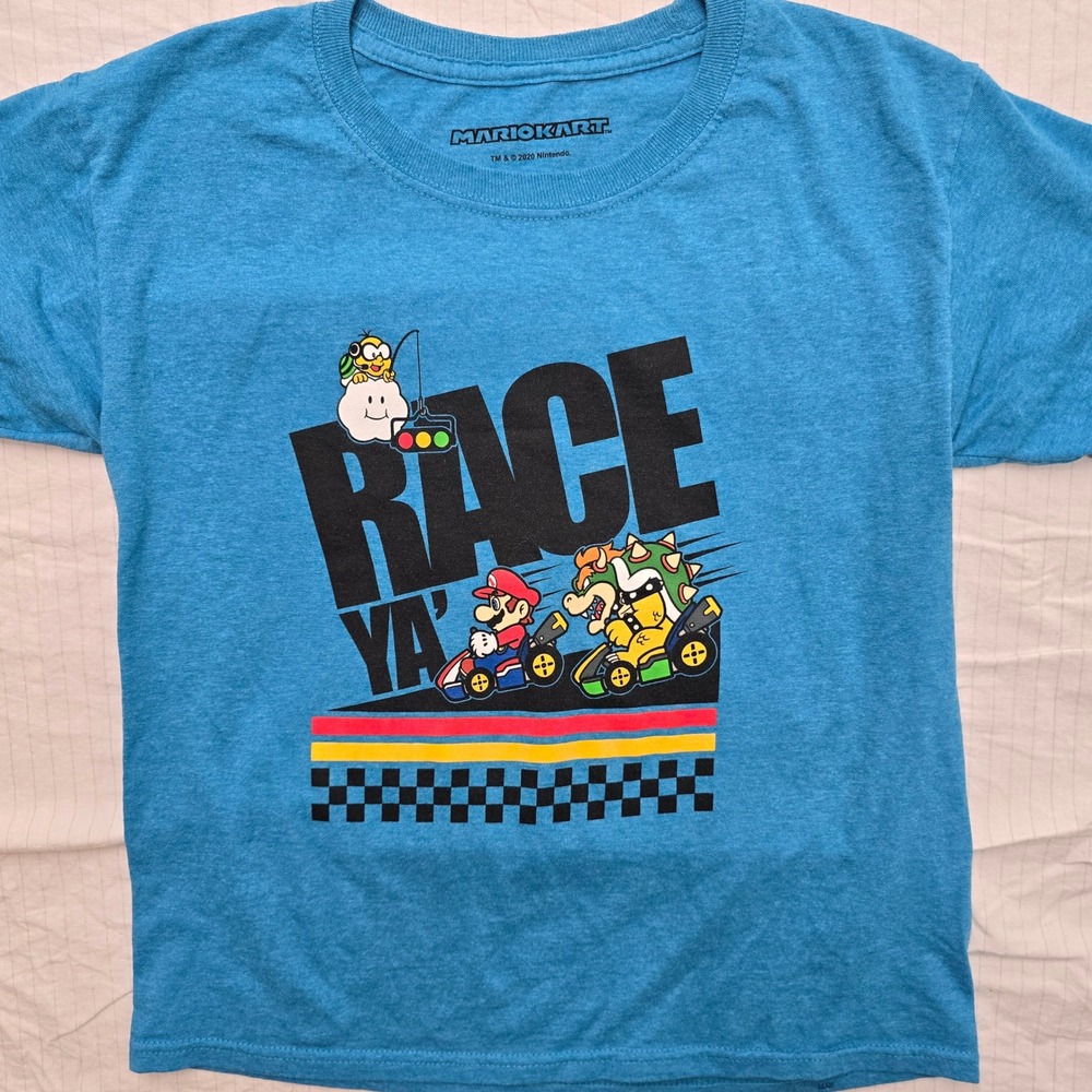 Nintendo Mario Kart Race Ya Graphic Tee Blue Heather Boys Medium M Bowser Mario